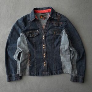 Vintage 2000s Blue Denim Jacket Size 15 Studded Contrast Stitch Y2K